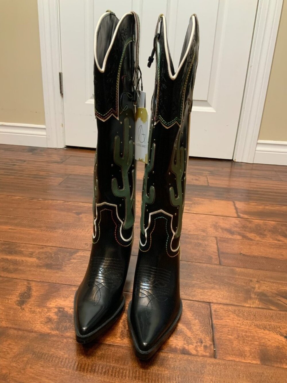 Zara Black Contrasting Knee High Cactus Embroidered Cowboy Boots, Size 9 NEW! - Picture 2 of 11